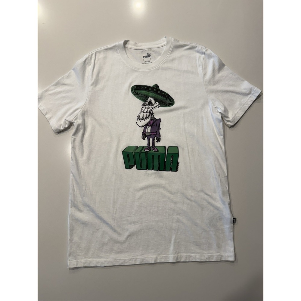 Puma Skeleton Sombrero Graphic T-Shirt Men's L White Cotton Short Sleeve
